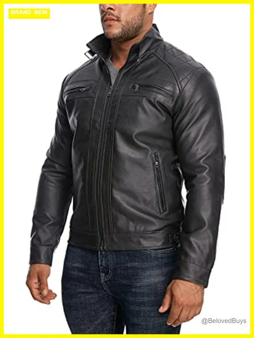 Men's Stand Collar Faux Leather Motorcycle Jacket with Zipper Pockets